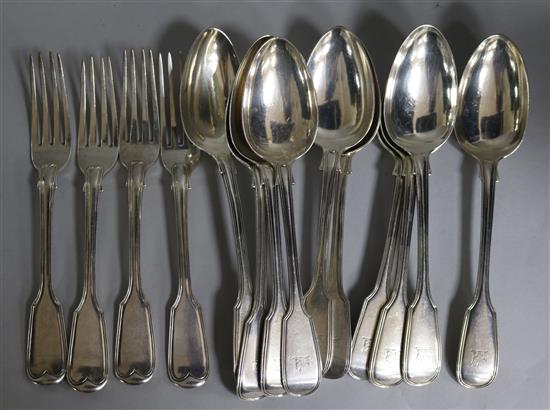 A harlequin set of ten William IV silver fiddle and thread pattern table spoons, London 1836/1837 and